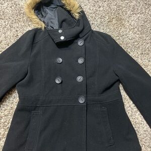 Women's Black Double-Breasted Coat with Faux Fur Hood